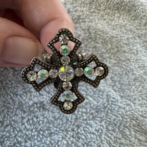 Vintage Style Cross Stretch Ring Silver Tone AB Rhinestone Gothic Statement Ring